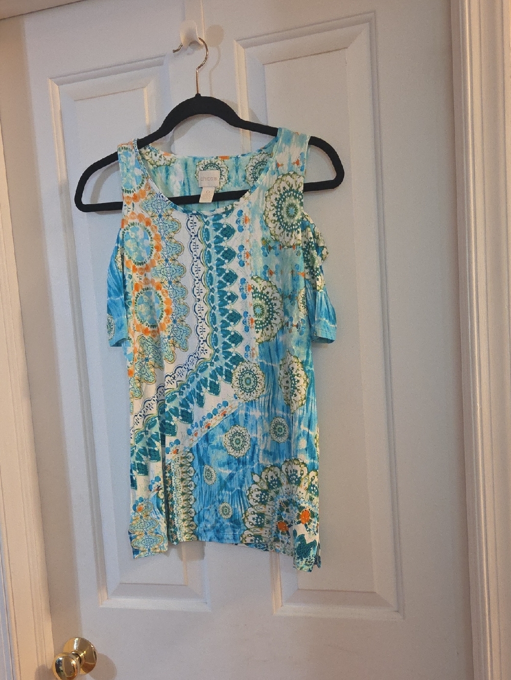 Chico's Bright Blue /Aqua Graphic Print Cold-Shoulder Women’s Top Small